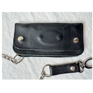 La Rosa Design Black Pebbled Leather Biker Trucker Wallet w Chain Belt Loop VTG